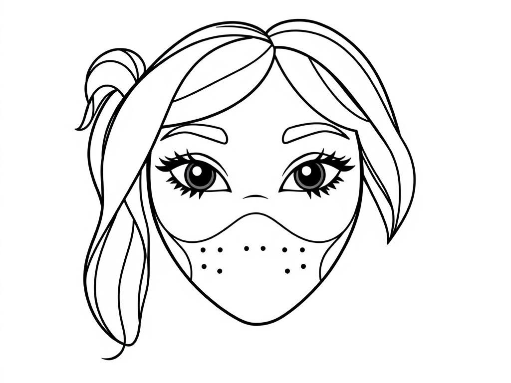 Preview of draw a simple black and white nice full face mask for girls, on a white background with only black outlines