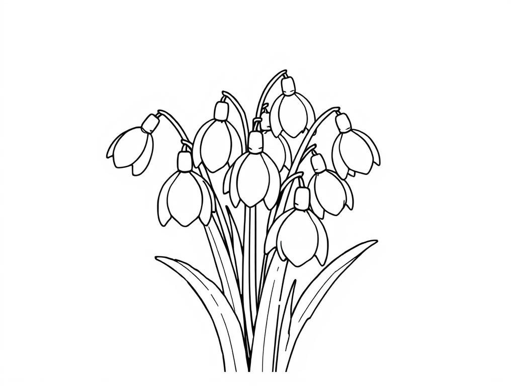 Preview of Draw a simple coloring page for children with a bouquet of snowdrops. Black outlines on a white background