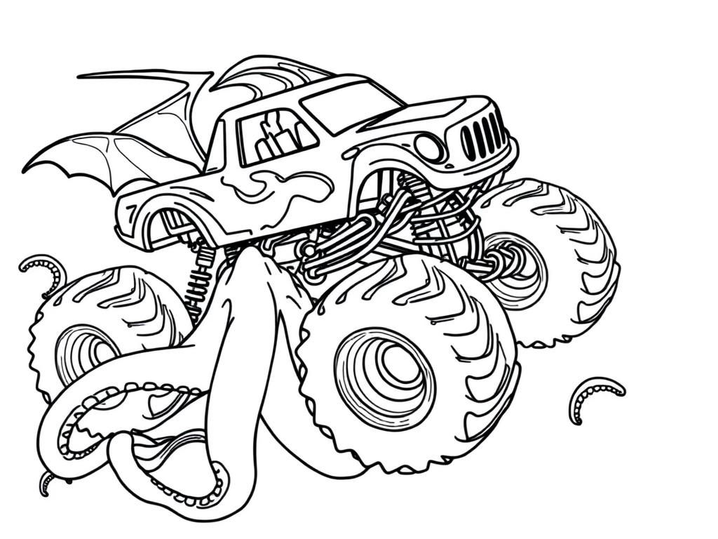 Preview of draw a sober bat monster-truck flying over a octopus. the monster truck appear as a real one and it is activating it's turbo fire to run away frm the octopus