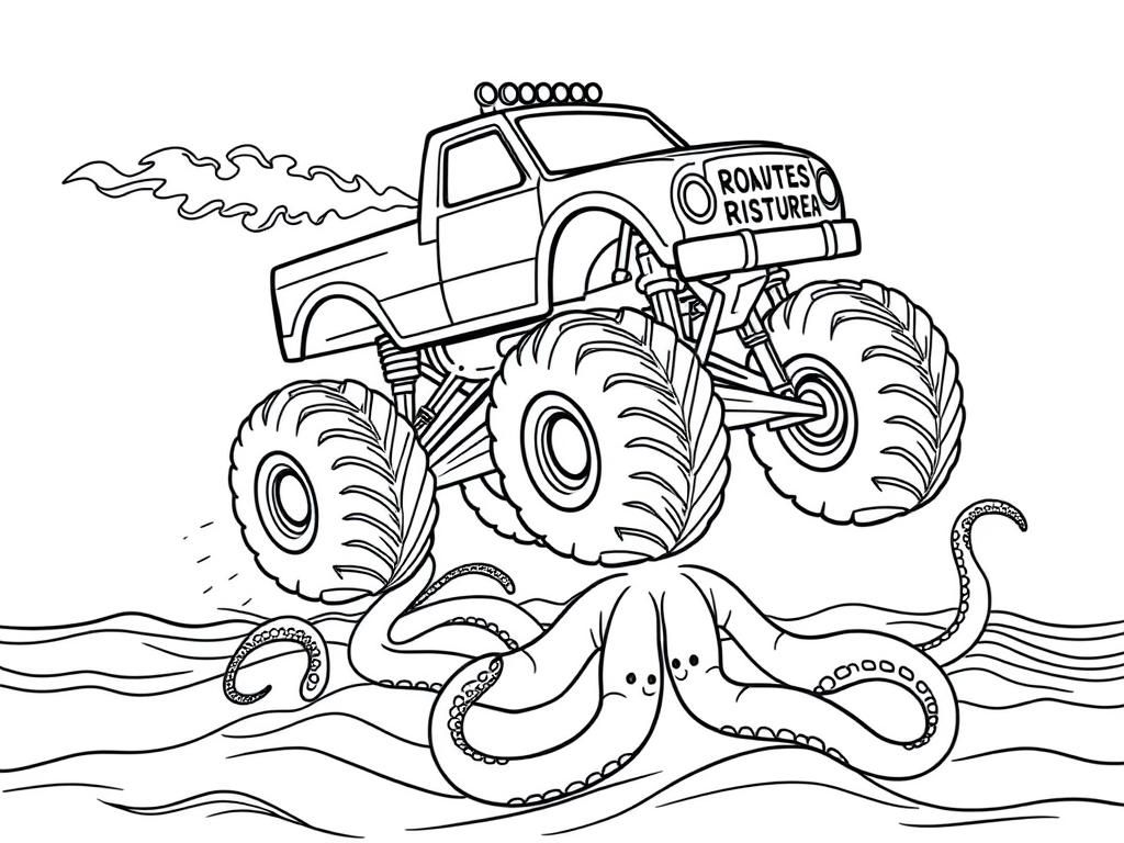 Preview of draw a sober monster-truck flying over a octopus on the ocean. the monster truck  is activating it's turbo fire to run away from the octopus