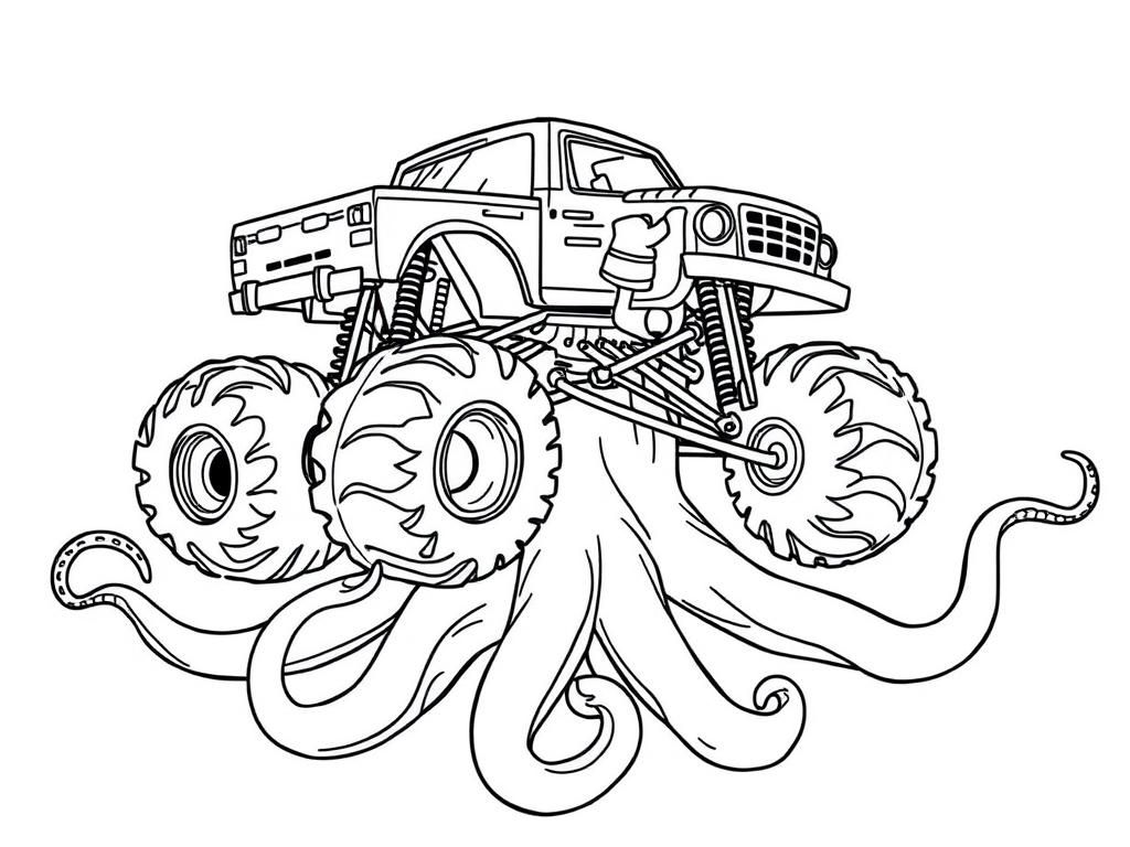 Preview of draw a sober monster-truck flying over a octopus. the monster truck appear as a real one and it is activating it's turbo fire to run away frm the octopus