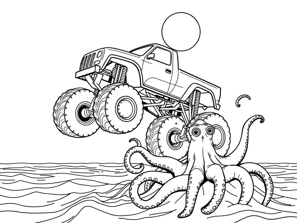 Preview of draw a sober monster-truck jumping a ramp and flying over a octopus on the ocean with a sunshine. the monster truck is activating it's turbo fire to run away from the octopus