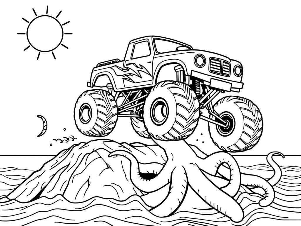 Preview of draw a sober monster-truck jumping a ramp and flying over a octopus on the ocean witha sunshine. the monster truck is activating it's turbo fire to run away from the octopus