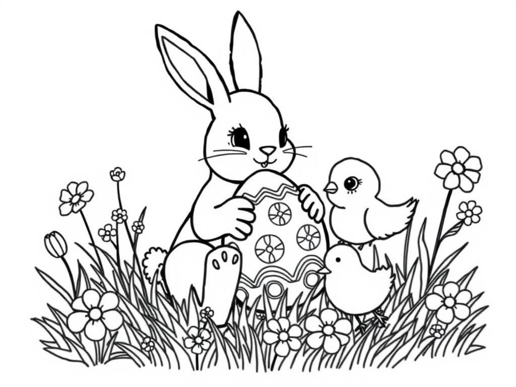 Draw an Easter coloring page with a cute bunny and chick playing with a decorated egg in the grass among flowers, black outlines on a white background, no coloring required - Free Printable Coloring Page