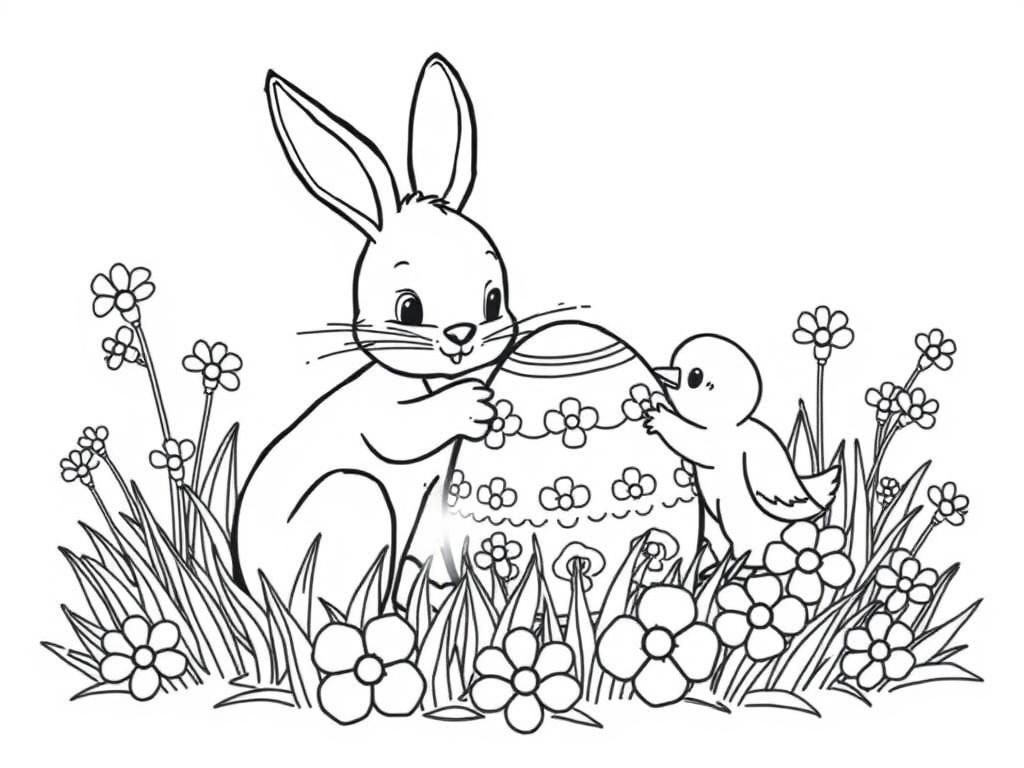 Draw an Easter coloring page with a cute bunny and chick playing with a decorated egg in the grass among flowers, black outlines on a white background, no coloring required - Free Printable Coloring Page