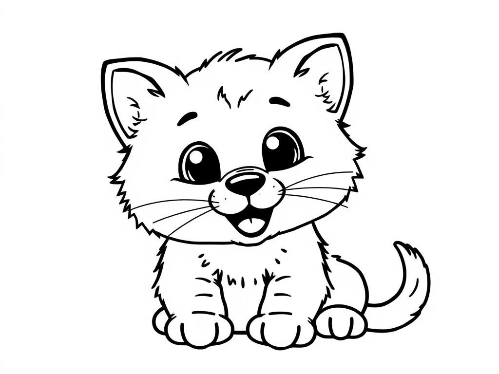 draw cute smiling kitten puppy coloring page for kids with black outlines