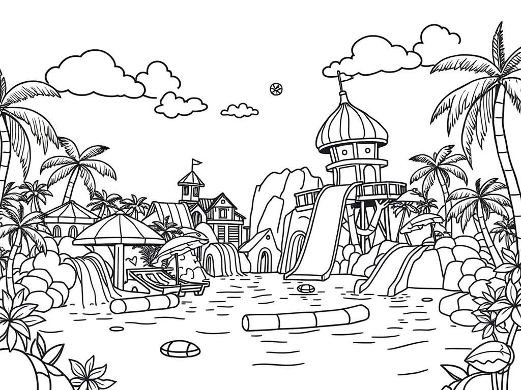 Tropical Island Water Park Coloring Page