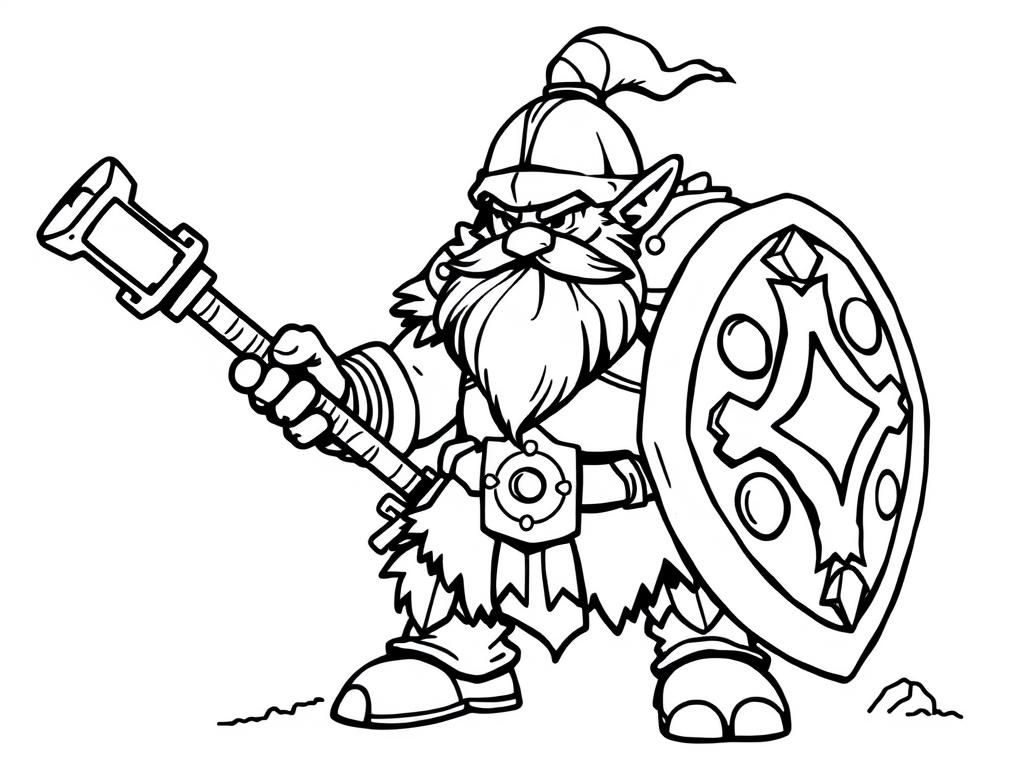 dwarf warrior with plate armour, hammer and shield - Free Printable Coloring Page