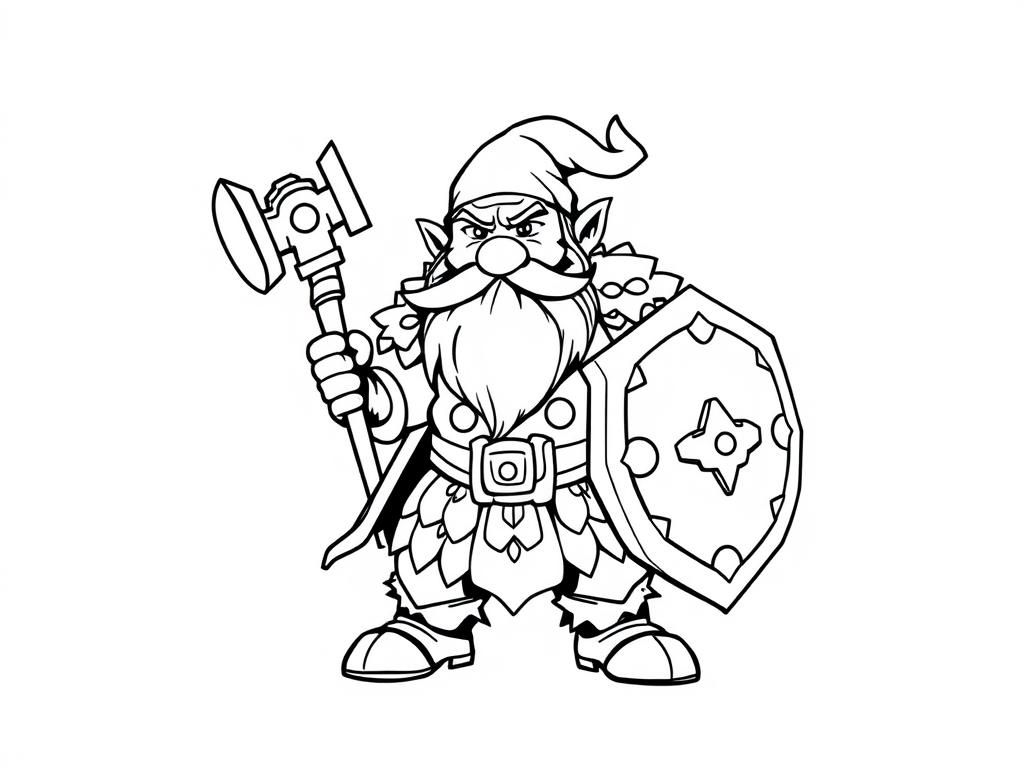 dwarf warrior with scaled armour, hammer and shield - Free Printable Coloring Page
