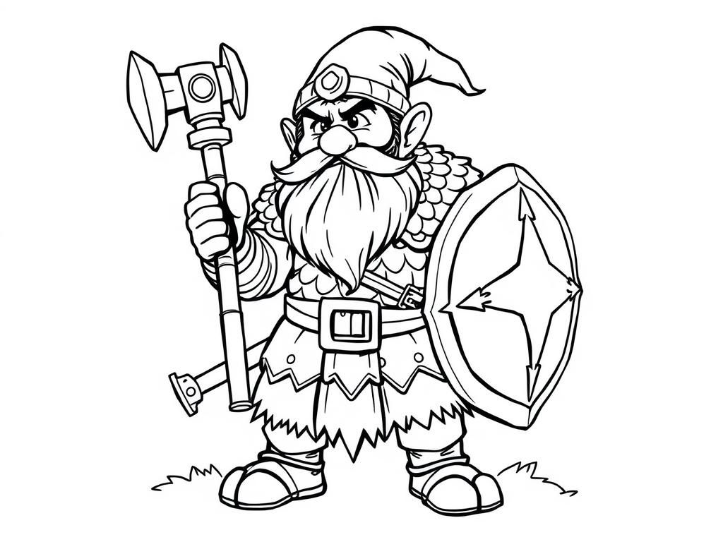 dwarf warrior with scaled armour, hammer and shield - Free Printable Coloring Page
