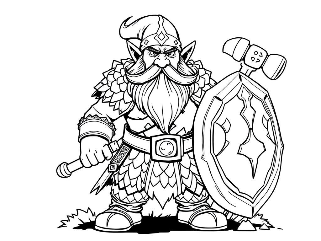 dwarf warrior with scaled armour, warhammer and shield - Free Printable Coloring Page
