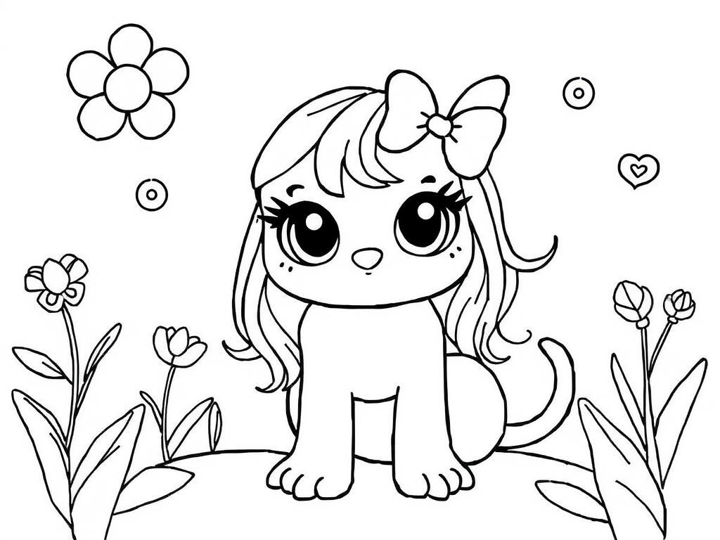 Coloring Page of a Dog among Flowers