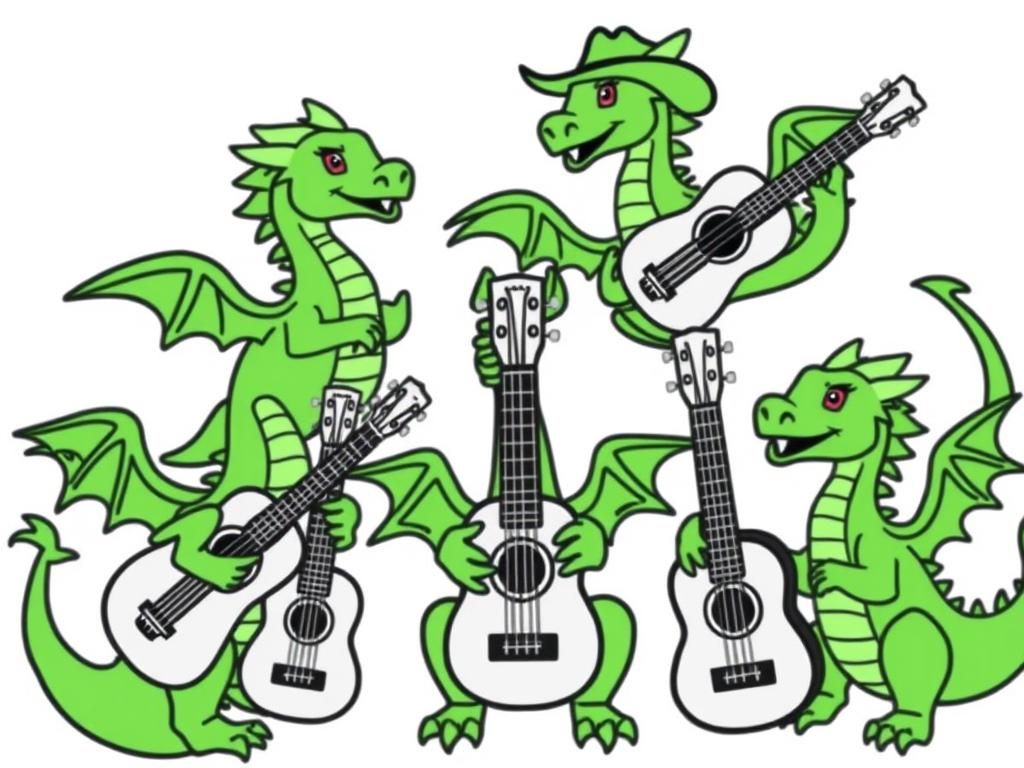 Dragons Playing Ukuleles Coloring Page