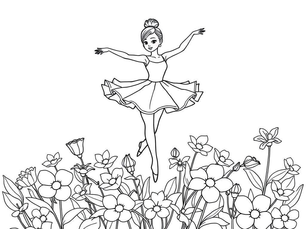 Ballerina in a Field of Flowers Coloring Page
