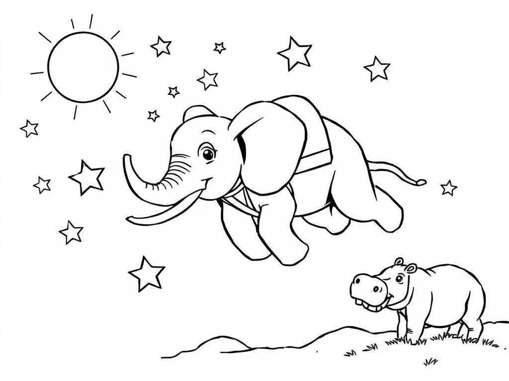 Preview of Elephant skydiving stars in the sunny sun with a hippo watching