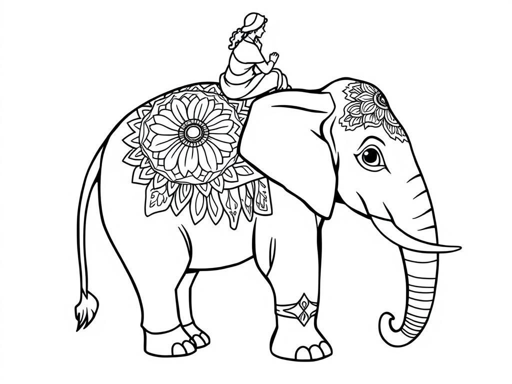 Preview of elephant with mandala cloth on its back with person sitting on it