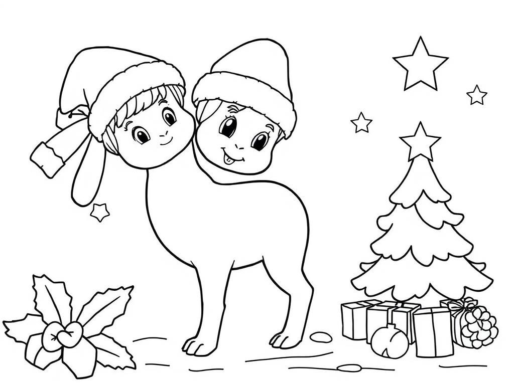 Christmas Kids and Dog Coloring Page
