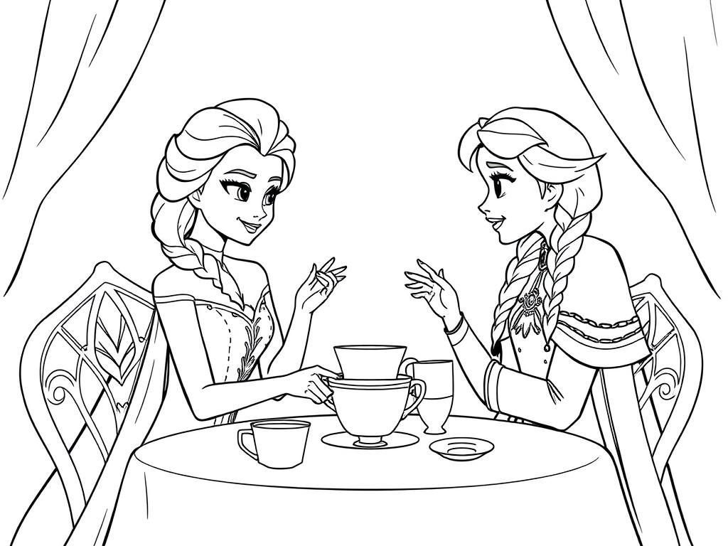 Elsa and Anna Tea Party Coloring Page