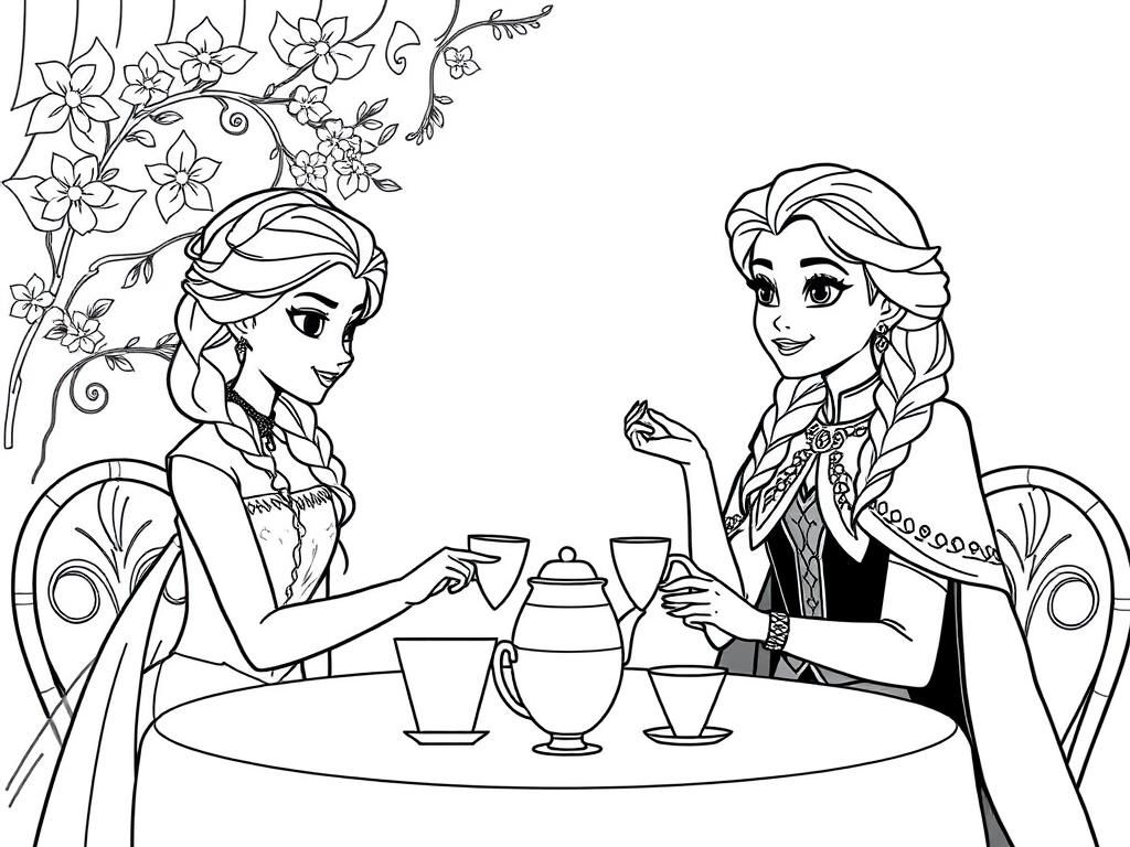 Elsa and Anna Tea Party Coloring Page