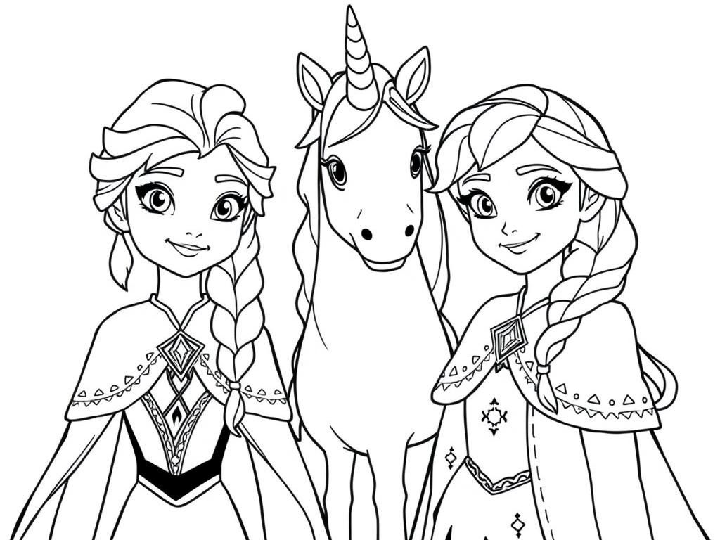 Elsa and Anna with Unicorn Coloring Page