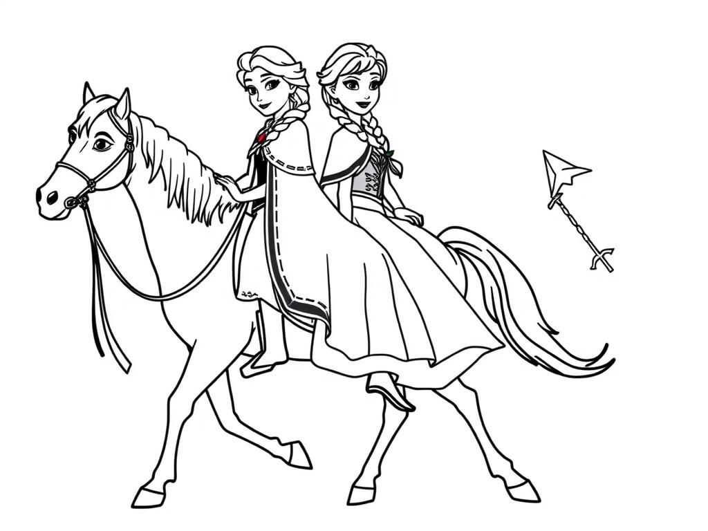 Frozen Coloring Page: Elsa and Anna on Horseback