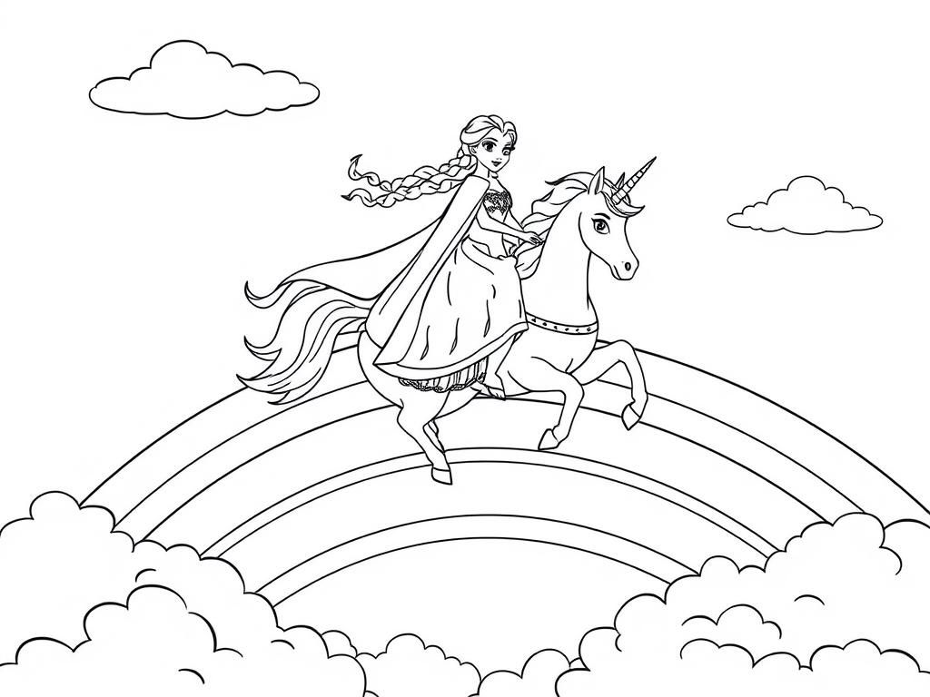 Elsa Riding Unicorn Coloring Page