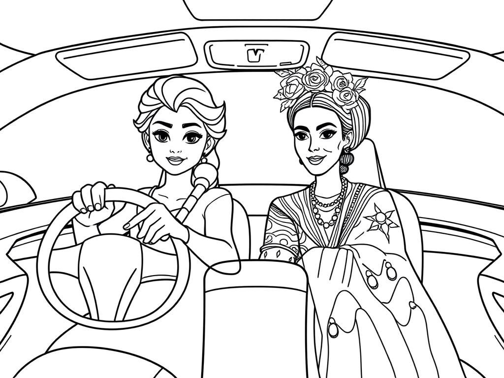 Elsa and Frida Kahlo driving inside a tesla