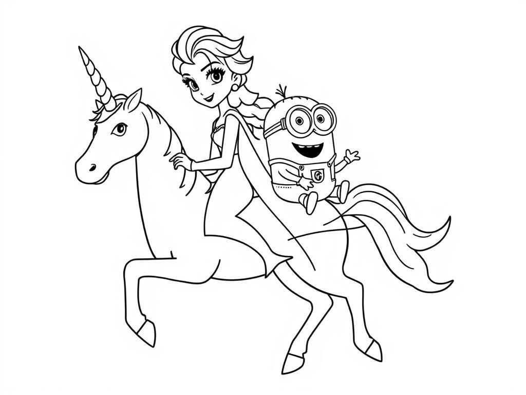 Elsa and minion riding on a unicorn