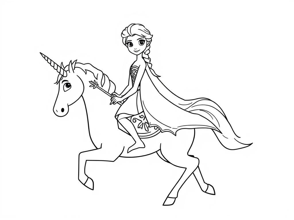 Elsa and Olaf from frozen on a unicorn - Free Printable Coloring Page