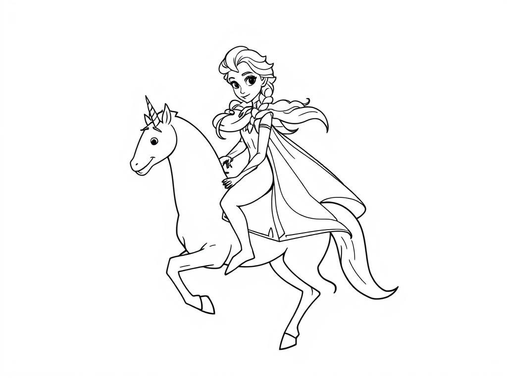 Elsa and Olaf the snowman from frozen on a unicorn - Free Printable Coloring Page