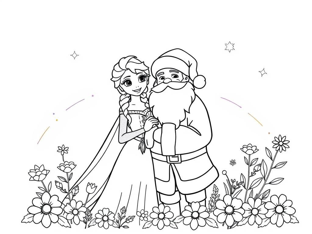 elsa and santa with rainbows and flowers