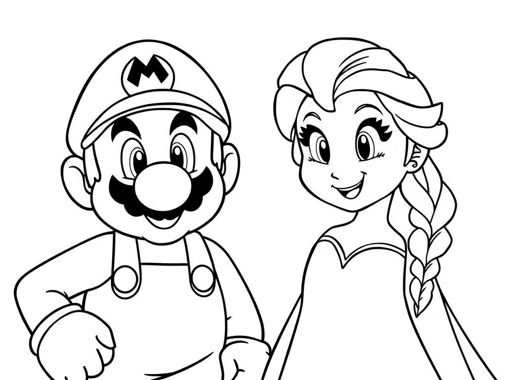 elsa and super mario - Free Printable Coloring Page