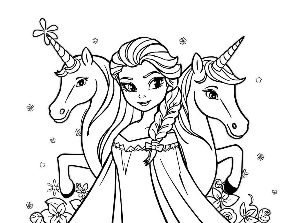 Elsa and Unicorns Coloring Page