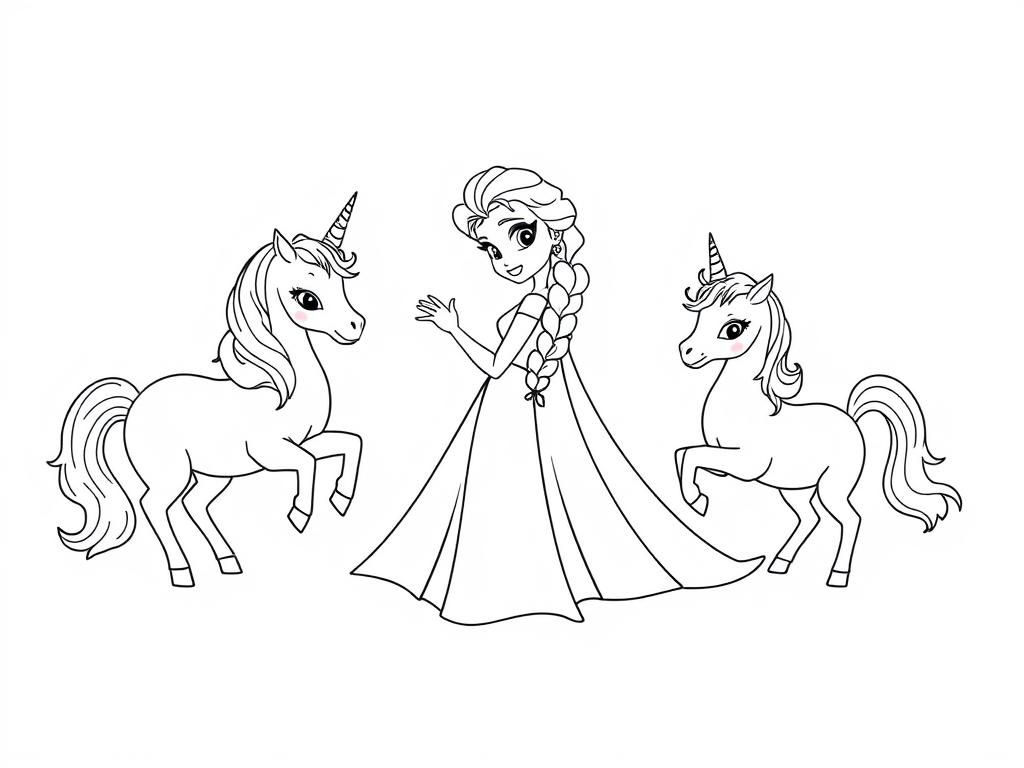 Elsa and Unicorns Coloring Page