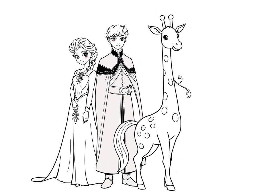 elsa, anna and a unicorn with a giraffe and Rumi from kpop demon hunters - Free Printable Coloring Page