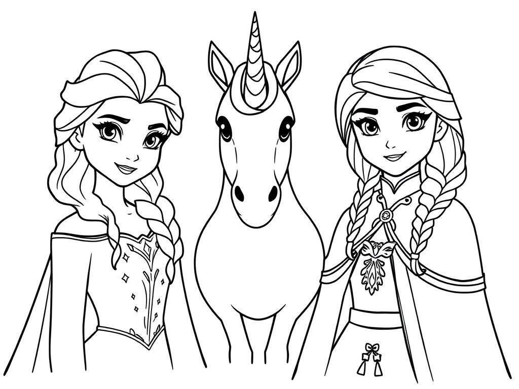 Elsa and Anna with Unicorn Coloring Page