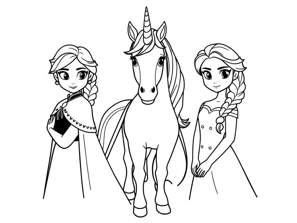 Preview of Elsa Anna and Unicorn in the middle, make the characters a bit realistic and Unicorn with full body