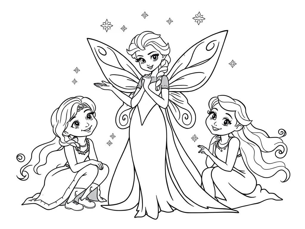 Elsa as a fairy surrounded by friends - Free Printable Coloring Page