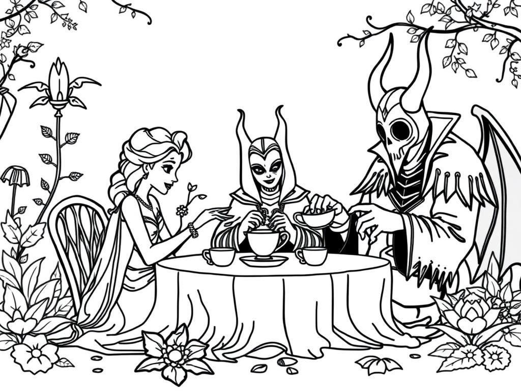 Elsa, Baby Baphomet, and Bruce Campbell have a tea party in an enchanted garden.