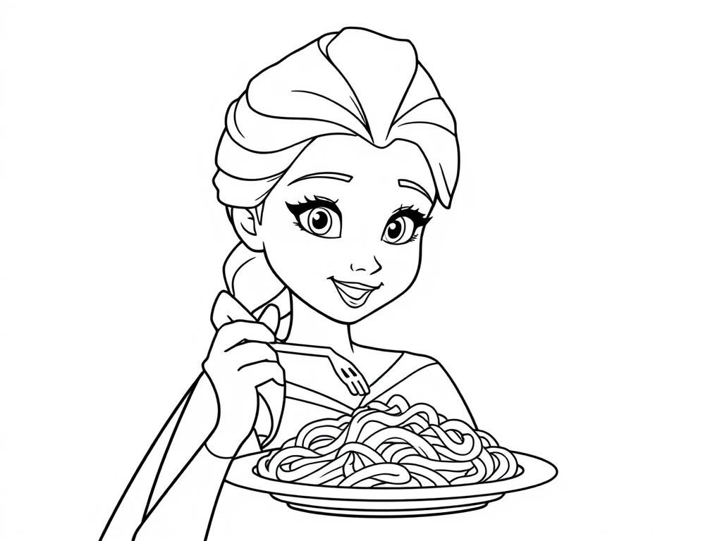 Elsa Eating Spaghetti Coloring Page