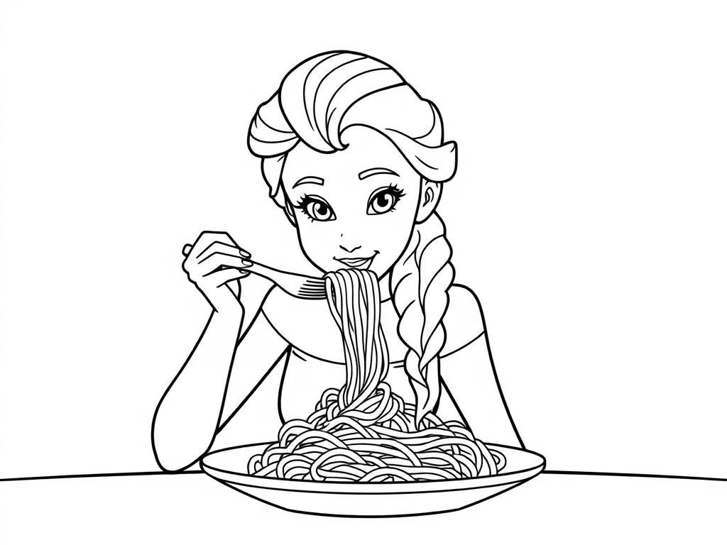 Elsa Eating Spaghetti Coloring Page