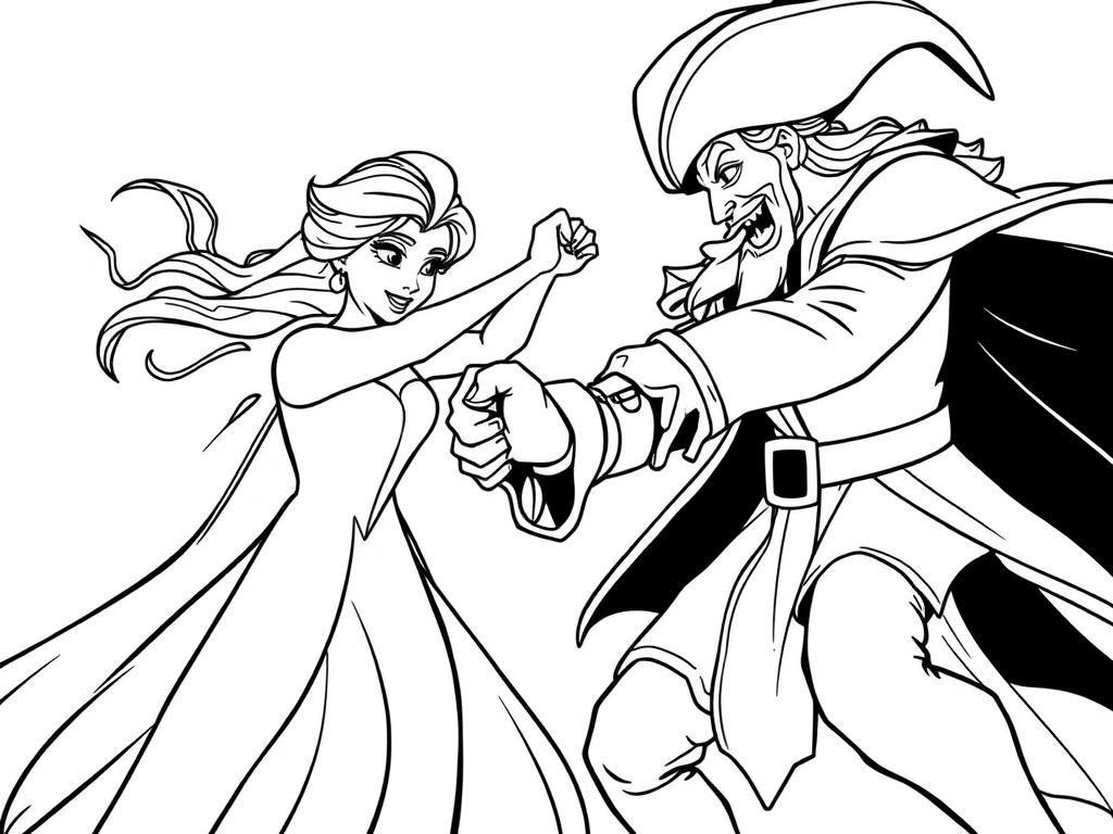 Elsa fighting Captain Hook - Free Printable Coloring Page