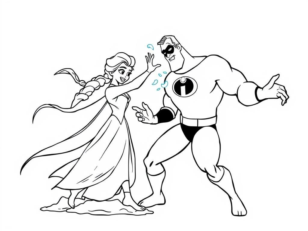 Elsa and Mr. Incredible Superhero Coloring Page