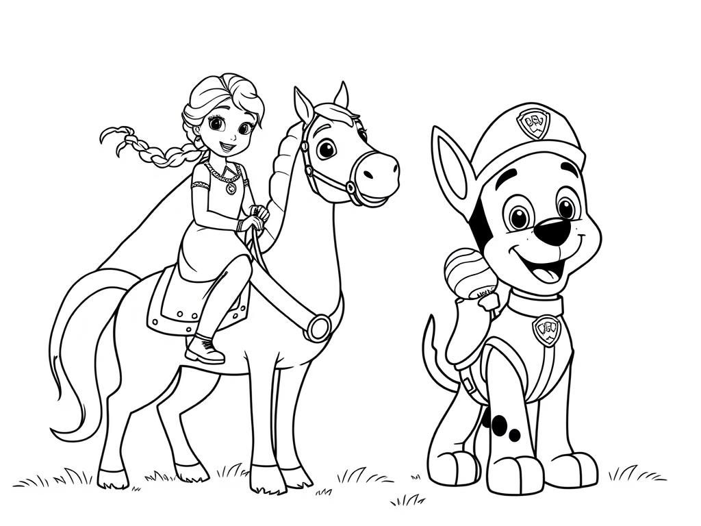 elsa from frozen riding a horse and chase from pawpatrol eating an icecream - Free Printable Coloring Page