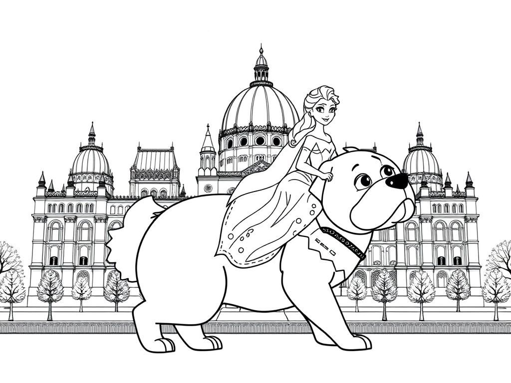 elsa from frozen riding on a giant pekingese dog in front of the hungarian parliament