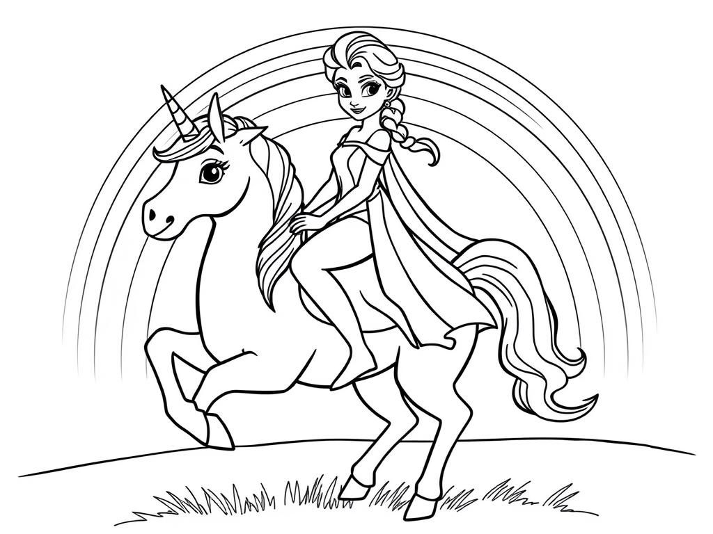 Preview of Elsa from Frozen riding on a unicorn with a rainbow in the background