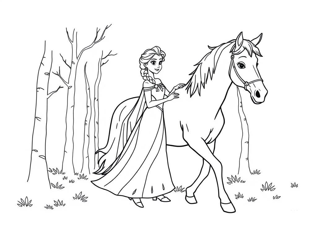 Elsa and Horse Coloring Page