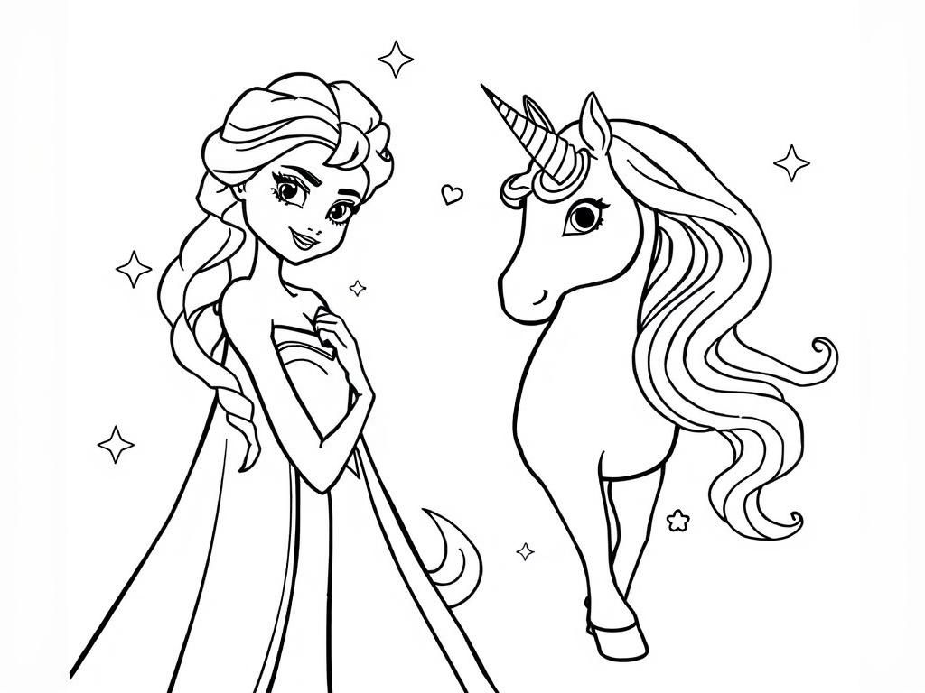 elsa frozen & unicorn - Free Printable Coloring Page