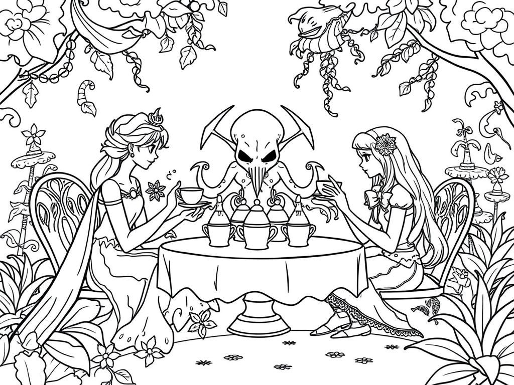 Elsa, Hatsune Miku, and Cthulhu have a tea party in an enchanted garden.