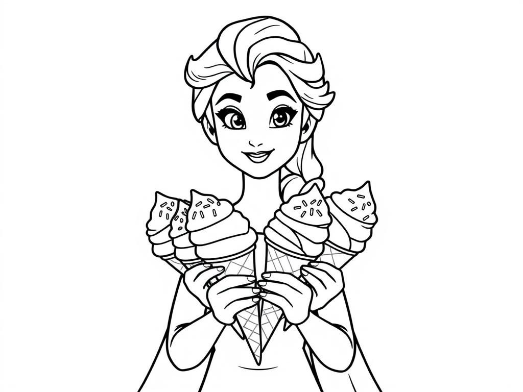 Elsa holding 10 ice cream cones with sprinkles - Free Printable Coloring Page